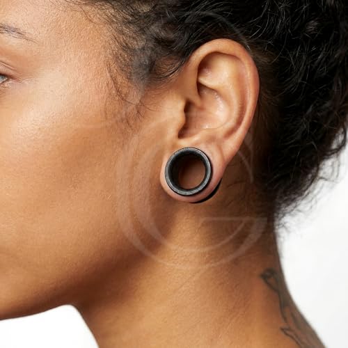2 Pairs Hollow Vintage Ear Tunnel Plugs Stretcher Gauges | Natural Black Sandalwood/Stainless Steel, Saddle Double Flared, Wooden Body Jewelry - size: 8MM