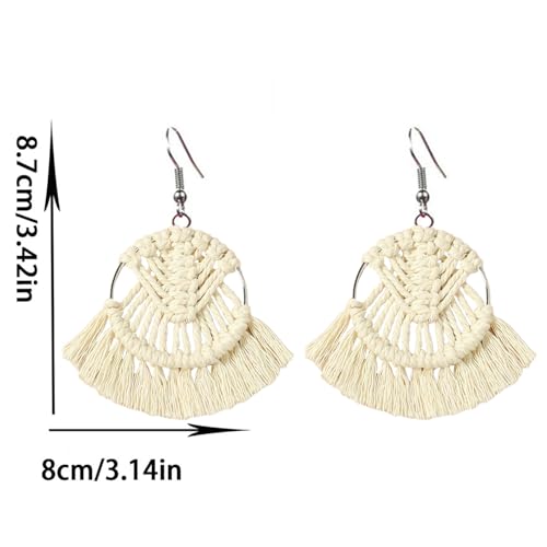 Bohemia Tassel Earrings Statement Handmade Dangle Ethnic Fringe Earrings Bamboo Weaving Geometric Square Sector Gifts for Women - color: round white