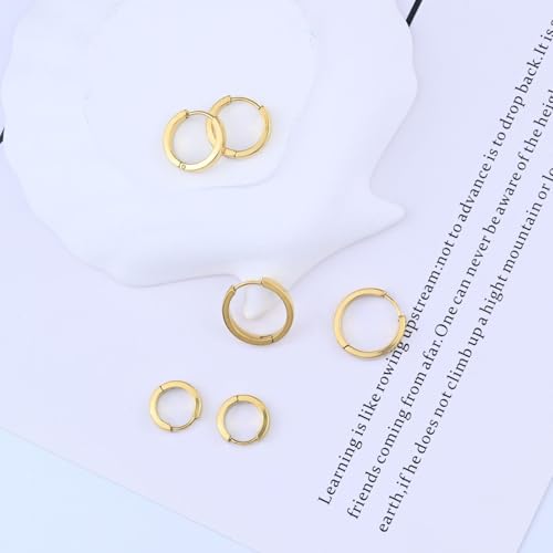 3 Pairs Stainless Steel Hoop Earrings for Men & Women | Minimalist Gold Plated Small Hinged Segment Ring Hypoallergenic Huggie Ear Cartilage Helix Tragus Piercing Jewelry 9/12/14mm