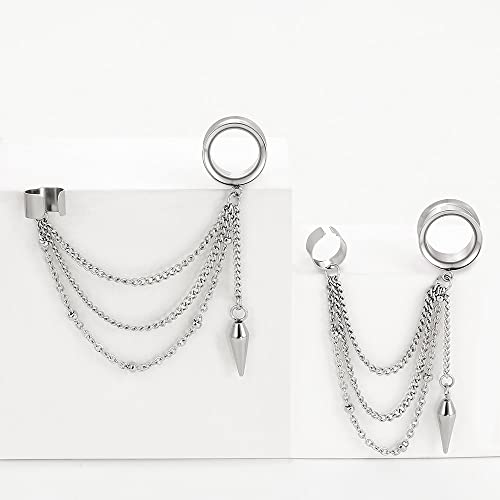 2PCS 6mm-25mm (2G-1") Trendy Cuff Clip Triple Chain Dangle Ear Plugs Gauges Screw Ear Tunnels for Women Men Hypoallergenic 316 Stainless Steel Ear Body Piercing Jewelry - size: 16mm/5/8