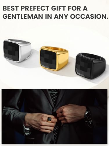 KeyStyle Square Gemstone Signet Rings for Men, Personalized Stainless Steel Pinky Ring with Black Onxy Blue Topaz Birthstone Statement Ring - color: 316L Stainless Steel-Black Onyx-15mm
