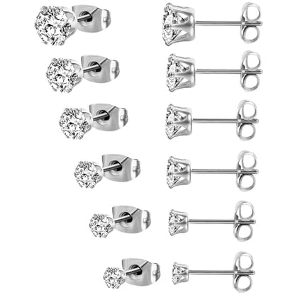 MDFUN 6 Pairs Stud Earrings Sets 3-8MM 18K Gold Plated Round 5A+ Cubic Zirconia Earrings Hypoallergenic CZ 6 Prong Ears Jewelry for Women - color: B-White Gold 3-8MM