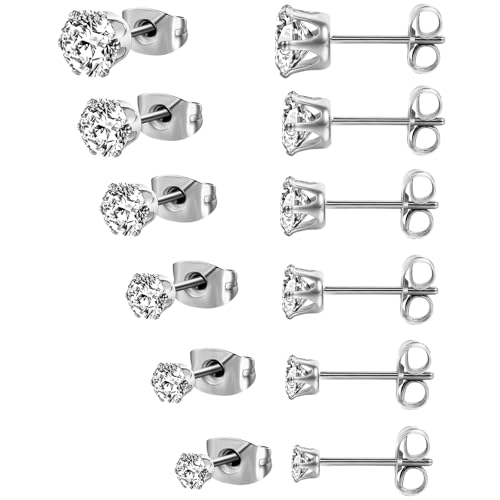 MDFUN 6 Pairs Stud Earrings Sets 3-8MM 18K Gold Plated Round 5A+ Cubic Zirconia Earrings Hypoallergenic CZ 6 Prong Ears Jewelry for Women - color: B-White Gold 3-8MM