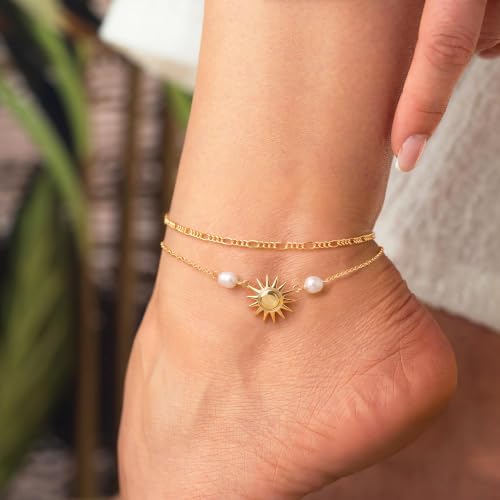 Robaice Anklets for Women, 14K Gold Plated Layered Ankle Bracelets | Waterproof Figaro Link Pearl Anklet, Ankle Bracelets for Women Stackable, Summer Beach Jewelry Gifts Non Tarnish - style: Gold Sun Anklet