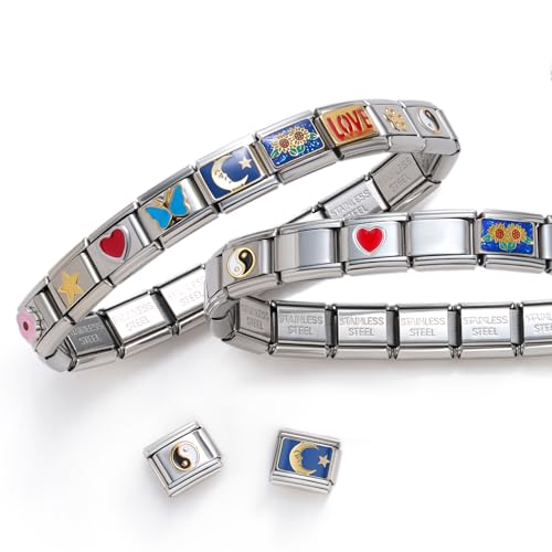 Stainless Steel Italian Charm Bracelet, 18 Link Starter Bracelet 9mm Charms | Italian Charm Bracelet with 9Pcs/20Pcs Charms and Opening Tools, Classic 9mm Modular Charm, Personalized Jewelry Gift - color: A-Silver