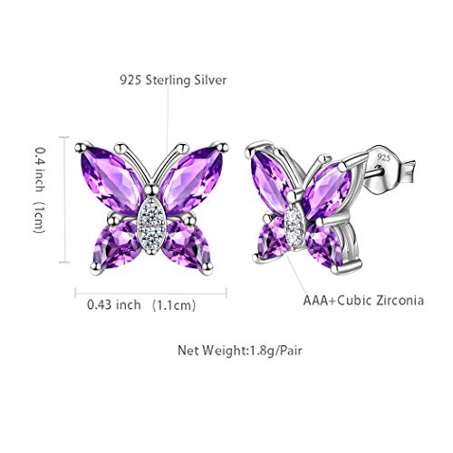 Butterfly Birthstone Stud Earrings - Women 925 Sterling Silver Butterflies Birthstone Stud Earrings Birthday Gift for Women - color: B.February