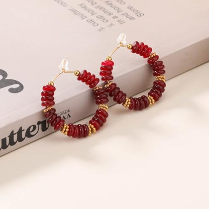 Wellike Beaded Hoop Earrings for Women Natural Stone Pink Gold Huggie Earrings Hypoallergenic Dainty Waterproof Trendy Jewelry - color: Burgundy, size: 35mm