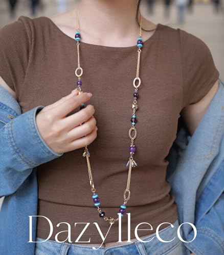 Long Gold Boho Necklaces for Women Beaded Statement Chain Long Necklace Gold Costume Jewelry Birthday Gifts for Her - color: Purple