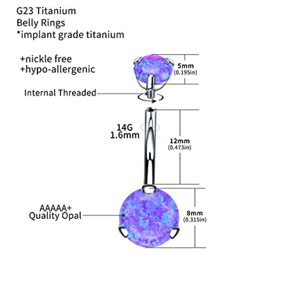 VOJO G23 Titanium Belly Button Rings Cubic Zircon Opal Hypoallergenic Threaded 14G Diamond Navel Body Piercing Jewelry Birthstone for Women - color: Claw Dark Purple Opal