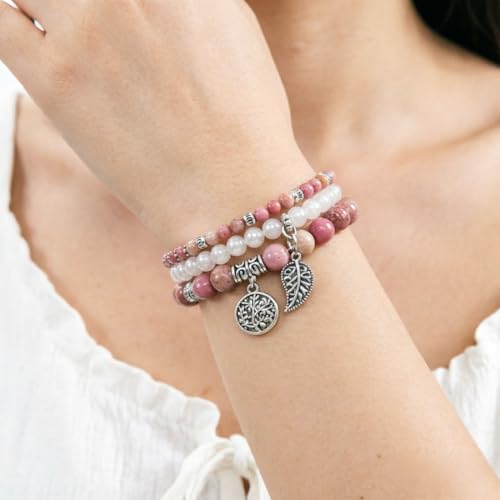 YGLINE Tree of Life Yoga Healing Stone Bracelets,Multilayer Lotus Chakra Stone Reiki Bracelet Sets,Anxiety Crystal Natural Stone,for Women Stress Relief - color: Rhodonite＆white marble-3w