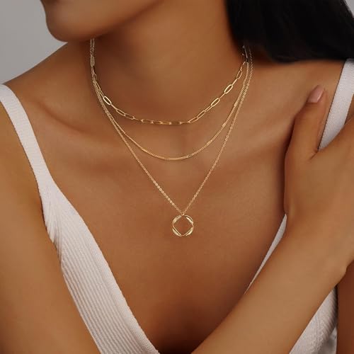 Evabelle Gold Layered Necklace for Women Trendy Jewelry 14K Real Gold Plated Chunky Chain Stackable Necklaces Dainty Choker Necklaces Rectangle Square Pendant - color: Gold Necklace 26