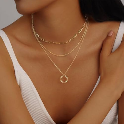 Evabelle Gold Layered Necklace for Women Trendy Jewelry 14K Real Gold Plated Chunky Chain Stackable Necklaces Dainty Choker Necklaces Rectangle Square Pendant - color: Gold Necklace 26