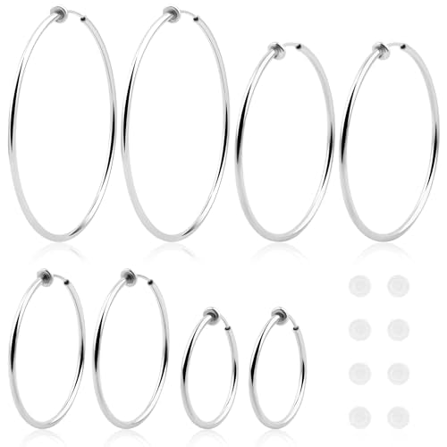 4 Pairs Clip On Hoop Earrings Brass Circle Fake Hoop Spring Earring Clips and 4 Pairs Anti-Pain Earring Pads for Women Non-Pierced Ears, 4 Sizes - color: Silver