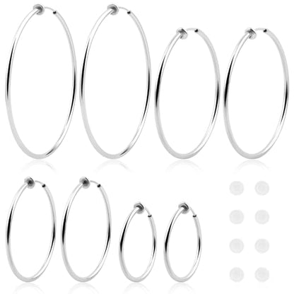 4 Pairs Clip On Hoop Earrings Brass Circle Fake Hoop Spring Earring Clips and 4 Pairs Anti-Pain Earring Pads for Women Non-Pierced Ears, 4 Sizes - color: Silver