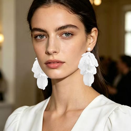 Handmade Bohemian Lightweight Fabric Flower Dangle Drop Earrings Chic Pearl Large Tassel Petal Stud Earrings For Women - color: Pearl White