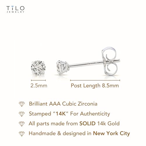 14k White Gold Solitaire Round Cubic Zirconia Stud Earrings with Pushbacks - style: 2.5mm