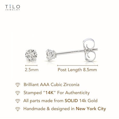 14k White Gold Solitaire Round Cubic Zirconia Stud Earrings with Pushbacks - style: 2.5mm