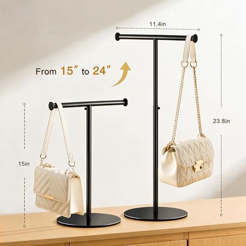 niffgaff 15"-24" T Bar Purse Display Stand Tabletop | Adjustable Height Handbag Holder, Countertop Hanging Rack for Lanyard, Long Necklace, Jewelry, Scarf, Black - color: Black