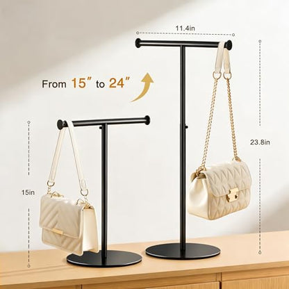 niffgaff 15"-24" T Bar Purse Display Stand Tabletop | Adjustable Height Handbag Holder, Countertop Hanging Rack for Lanyard, Long Necklace, Jewelry, Scarf, Black - color: Black