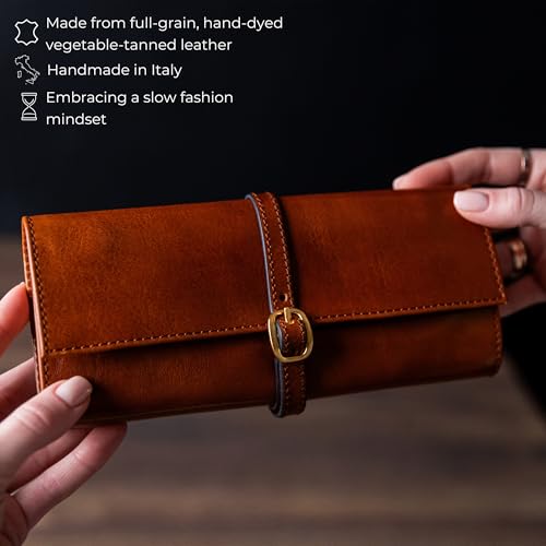 Time Resistance Leather Jewelry Roll - Full Grain Leather Travel Jewelry Case - Jewellery Organizer Made in Italy (Cognac Brown) - color: Cognac