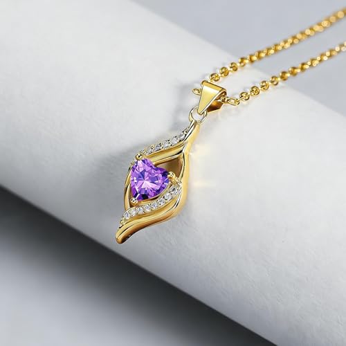 Birthstone Necklace for Women, 14K Gold Plated Heart Cubic Zirconia Pendant, Dainty Birthstone Jewelry Necklace Gifts for Birthday, Valentine’s Day Mother's Day - color: February-Amethyst