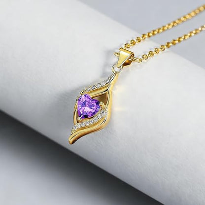 Birthstone Necklace for Women, 14K Gold Plated Heart Cubic Zirconia Pendant, Dainty Birthstone Jewelry Necklace Gifts for Birthday, Valentine’s Day Mother's Day - color: February-Amethyst