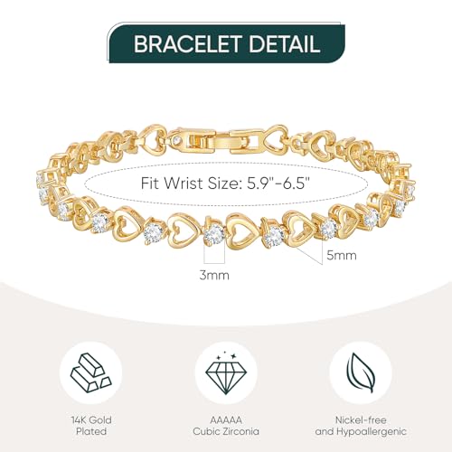 Tennis Bracelet for Women - 14K Gold Plated Heart Cubic Zirconia Bracelet, Dainty Trendy Anniversary Birthday Christmas Jewelry Gift for Her - color: Gold (5.9-6.5 Inches)