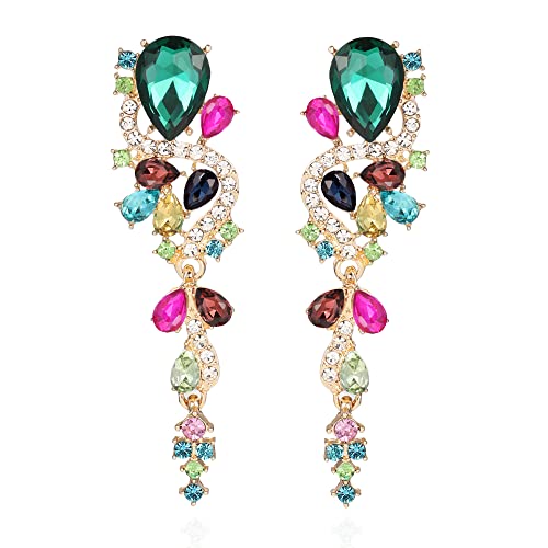 Fashion Rhinestone Statement Drop Dangle Earrings Long Colorful Crystal Bridal Wedding Teardrop Chandelier Earrings for Women Prom Pageant - color: Colorful