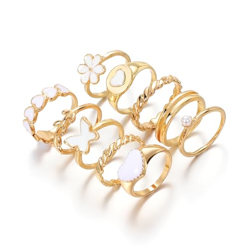 19-36 Pcs Gold Boho Knuckle Rings Set for Women, Vintage Stackable Dainty Joint Finger Gold Jewelry Set with Love Pearl and Sparkling Crystals - color: 10-PCS