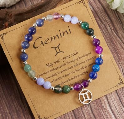 XAM 12 Zodiac Stone Beaded Bracelet - Natural Gemstone & Stainless Steel Charm Constellation Jewelry - color: C