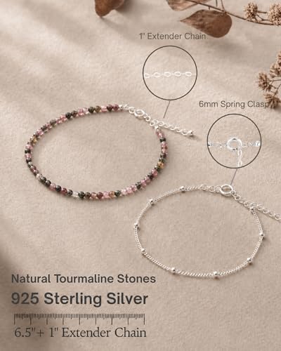 Bracelet Stack for Women, Set of 2 Bracelets, 925 Sterling Silver Satellite Chain, Natural Gemstones Beaded Strand, 6.5"+1" Extender Chain