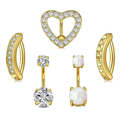 Belly Button Rings Stainless Steel 14G CZ Opal Navel Rings Barbells Women Girls Belly Piercing Jewelry - color: Golden Color-Clicker-StyleD: 5PCS