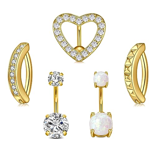 Belly Button Rings Stainless Steel 14G CZ Opal Navel Rings Barbells Women Girls Belly Piercing Jewelry - color: Golden Color-Clicker-StyleD: 5PCS