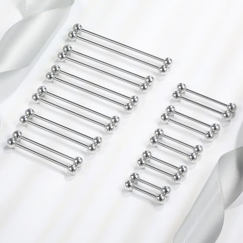 12mm-45mm 16G 14G Nipple Tongue Rings Industril Piercing Jewelry Externally Threaded 316L Surgical Steel Nipple Tongue Barbells Piercing Jewelry for Women Men Silver Black Gold Tone - color: Silver:16G-12mm-45mm Bars/5mm Balls