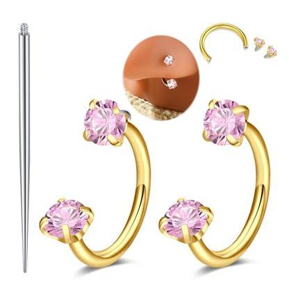 MODRSA Silver Gold Horseshoe Nose Ring 18g Double Gem Horse Shoe Nose Ring Hoop for Women Surgical Steel Half Hoop U Shape Tragus Earring Hoops Labret Lip Helix Piercing Jewelry Septum Rings 18 Gauge - color: C2- 18g Pink zircon -gold 2pcs