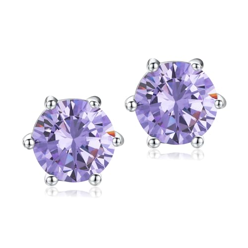 DAYBYDAY 925 Sterling Silver Birthstone Earrings for Women, Crystal Stud Earrings, 6.5mm Round Cut Solitaire Gemstone Earrings Birthday Jewelry - style: Round Cut-06. Jun/created alexandrite