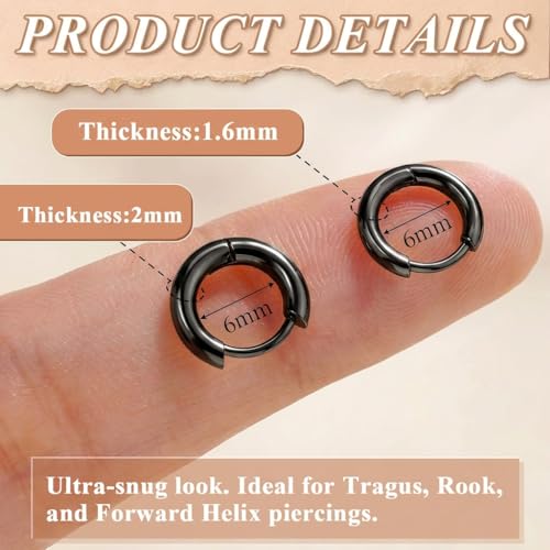 Surgical Steel Huggie Hoop Earrings & Flat Back Studs for Women Men, 6mm-14mm Small Hoops for Cartilage Helix Tragus Lobe, 1-10 Pairs Multiple Piercing Jewelry Set for Sensitive Ears - style: 1Pair,Black,6mm(THK:1.6mm)