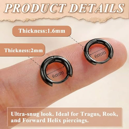 Surgical Steel Huggie Hoop Earrings & Flat Back Studs for Women Men, 6mm-14mm Small Hoops for Cartilage Helix Tragus Lobe, 1-10 Pairs Multiple Piercing Jewelry Set for Sensitive Ears - style: 1Pair,Black,6mm(THK:1.6mm)