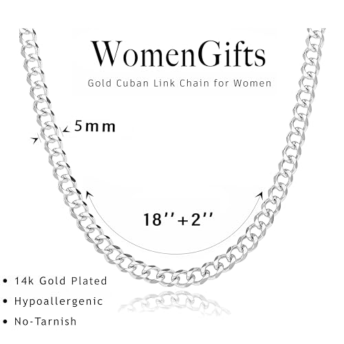 WomenGifts Cuban Link Chain Necklace for Women, Waterproof 14k Gold Silver Plated Chain Choker, Non Tarnish Stainless Steel Jewelry, 3.5/5/6/8/11mm,14/16/18 Inch Thin&Chunky&Thick - color: Silver, style: 5MM-18"