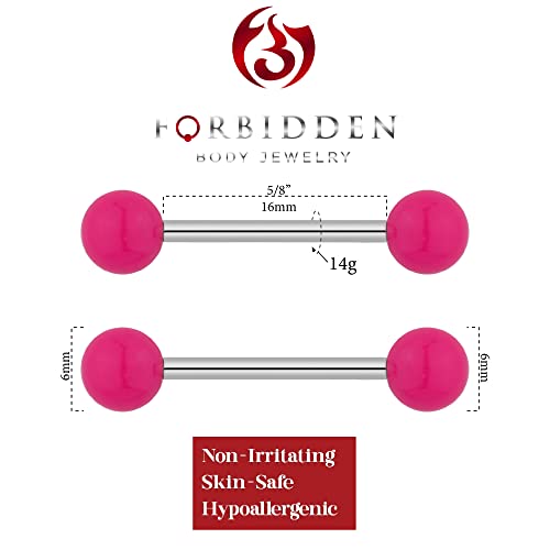 Forbidden Body Jewelry 14g 16mm (5/8 Inch) Hypoallergenic Titanium Double Ball Nipple & Tongue Ring Barbells - style: Pink