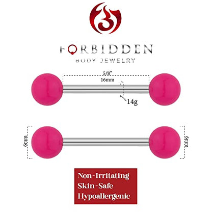 Forbidden Body Jewelry 14g 16mm (5/8 Inch) Hypoallergenic Titanium Double Ball Nipple & Tongue Ring Barbells - style: Pink