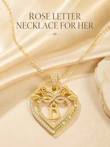 14K Gold Initial Letter Rose Heart Pendant Necklace for Women, Anniversary Birthday Jewelry Gifts for Wife Mom Grandma Sister Daughter, I Love You for Always And Forever - style: 14K Gold-D