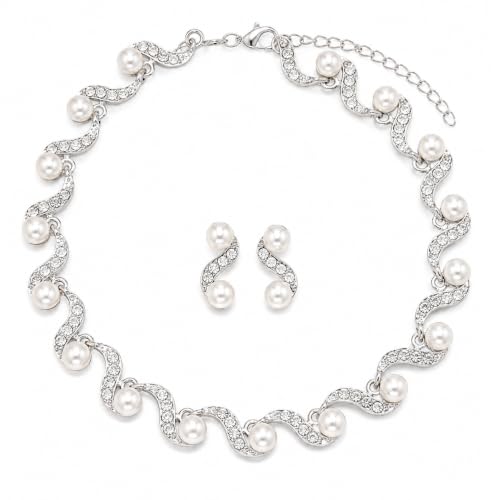Wavy Pearl Necklace for Women, Rhinestone Crystal Accented Faux Pearl Choker Jewelry Set, Adjustable Statement Necklace for Party Wedding Anniversary