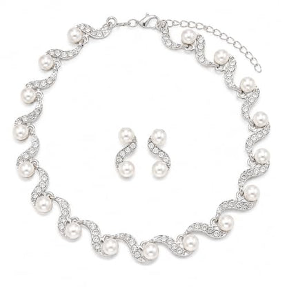 Wavy Pearl Necklace for Women, Rhinestone Crystal Accented Faux Pearl Choker Jewelry Set, Adjustable Statement Necklace for Party Wedding Anniversary