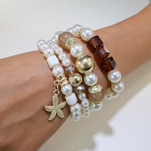 Bohemian Pearl Bracelet Set, 4 Piece Elastic Stretch Beaded Wrist Chain with Starfish Pendant, Boho Faux Pearl Multi-Color Stackable Bracelets for Women - color: Brown