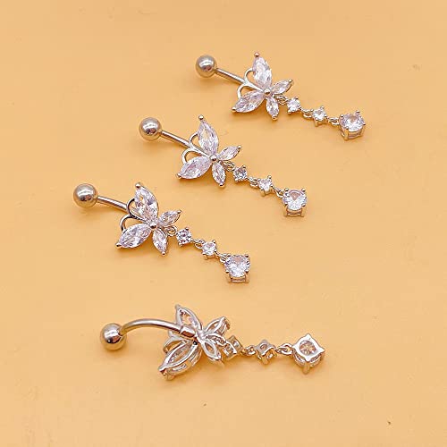 COLORFUL BLING 14G Dangle Butterfly Belly Button Rings,Stainless Steel Belly Rings,925 Sterling Silver CZ Opal Belly Body Piercing Jewelry for Women - color: A
