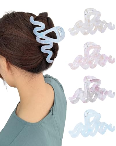 4PCS Large Claw Clips for Thick Hair, Large Acrylic Hair Clips | Modern Marble Geometric Design, Non-Slip Secure Hold for Long Hair, Buns, Updos and Everyday Styling - color: Wave-Silver + Rose Pink + Purple + Blue