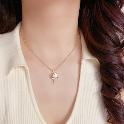 Elegant Moon Star Pendant Necklace for Women Trendy Imitation Crystal Necklace Trendy Adjustable Beaded Chain Delicate Celestial Wedding Engagement Anniversary Statement Jewelry for Valentine Mother
