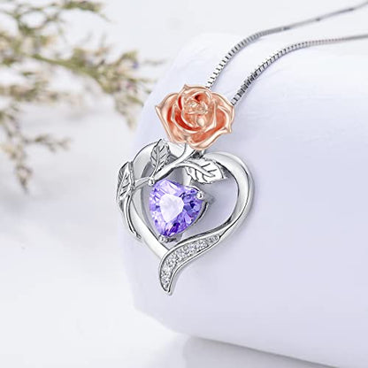 TOUPOP Birth Flower Necklace 925 Sterling Silver Heart Birthstone Pendant Necklaces Birth Month Floral Jewelry Birthday Valentines Day Mothers Day Gifts for Women Wife Mom - style: 6-June-Rose