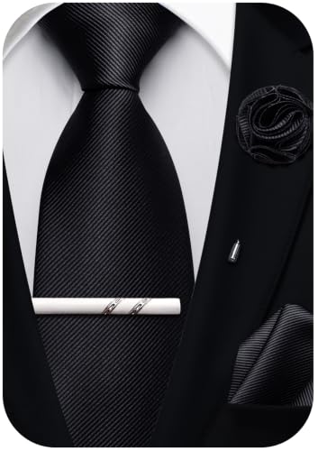 Solid Color Tie and Pocket Square with Tie Clip Lapel Pin Silk Formal Necktie Set Wedding Formal - color: Black